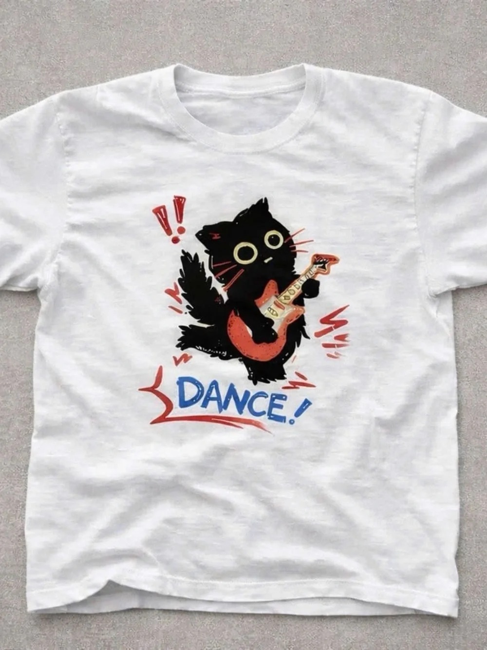 Gildan White Tee with Black Cat Playing Red
Guitar